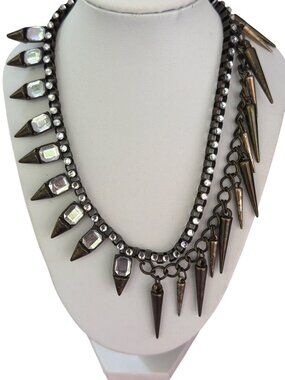 Edgy Spike Necklace Clear Rhinestones Antique Gold Tone Asymmetrical Adj 18.5"